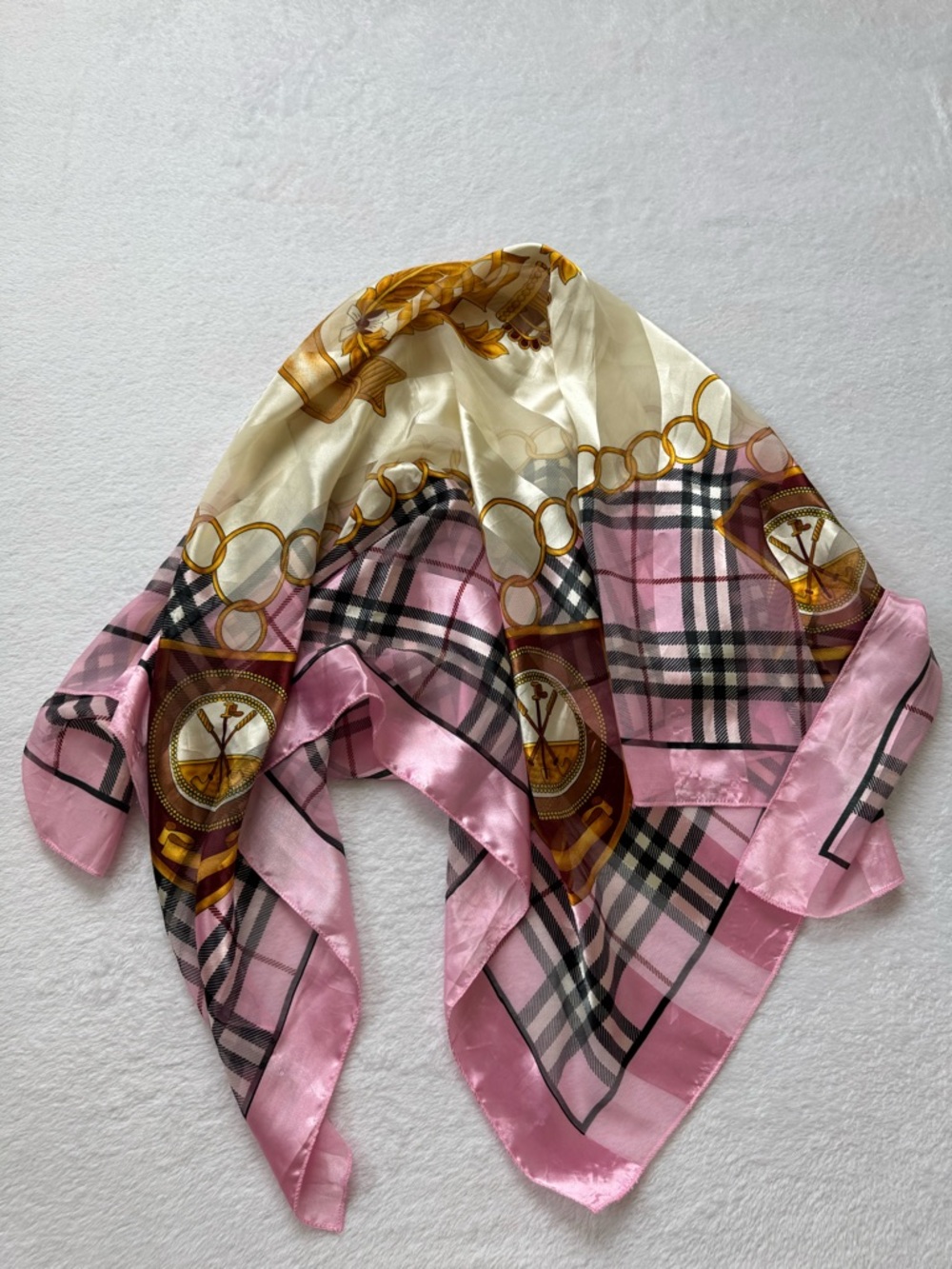 Preppy Pink Plaid Scarf with Gold Chain Print